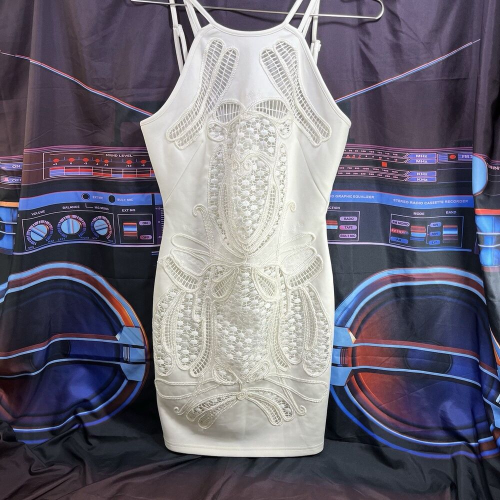 GOLD LABEL Wow Couture White Lace Wedding Lined Summer Halter Dress Women's M